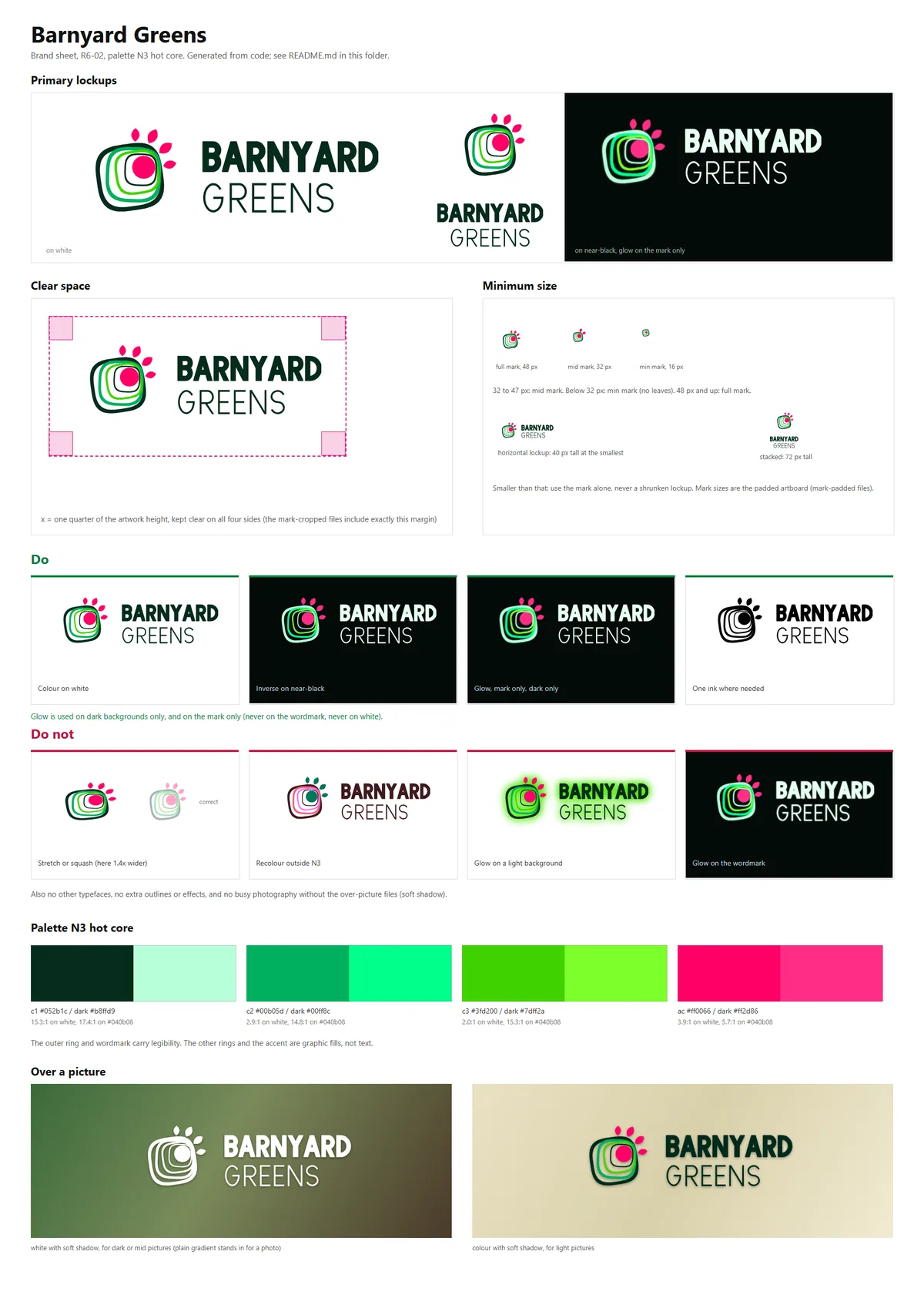 The Barnyard Greens brand sheet: primary lockups on white and near-black, clear space, minimum sizes, do and do-not examples, the N3 palette and the logo over pictures.