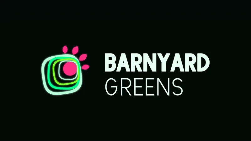 Last frame of the opening sting: the Barnyard Greens lockup on near-black.