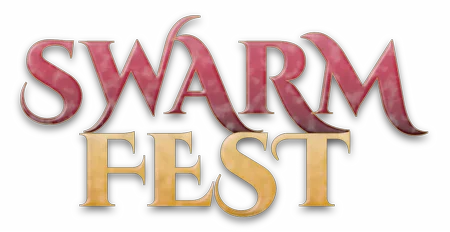 The Swarm Fest logo: SWARM in a curling rose-red serif over FEST in gold.